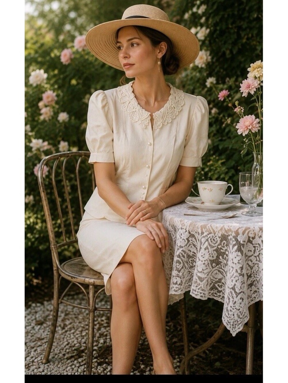 Jessica McClintock VINTAGE Skirt Top Set Lace Collar Ivory Prairie Cottage Core
